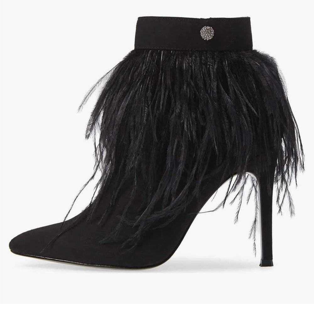 Black Fluffy Feather Tassel Ankle Pointed Toe Stiletto 4-5in heel satin booties.